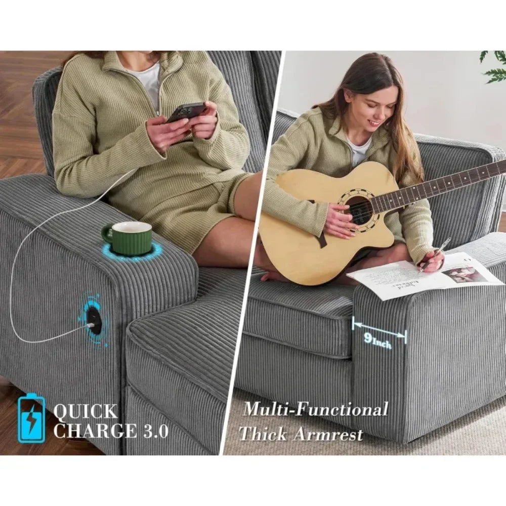 112 Inch Sectional,Oversized Storage Chaise,U Shaped Sofa with USB Ports,Corduroy Couch—Grey