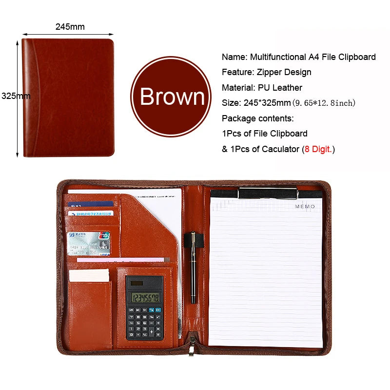 Multifunctional A4 Leather Conference Portfolio Folder for Document Organizer Zippered Man Executive Folder Briefcase
