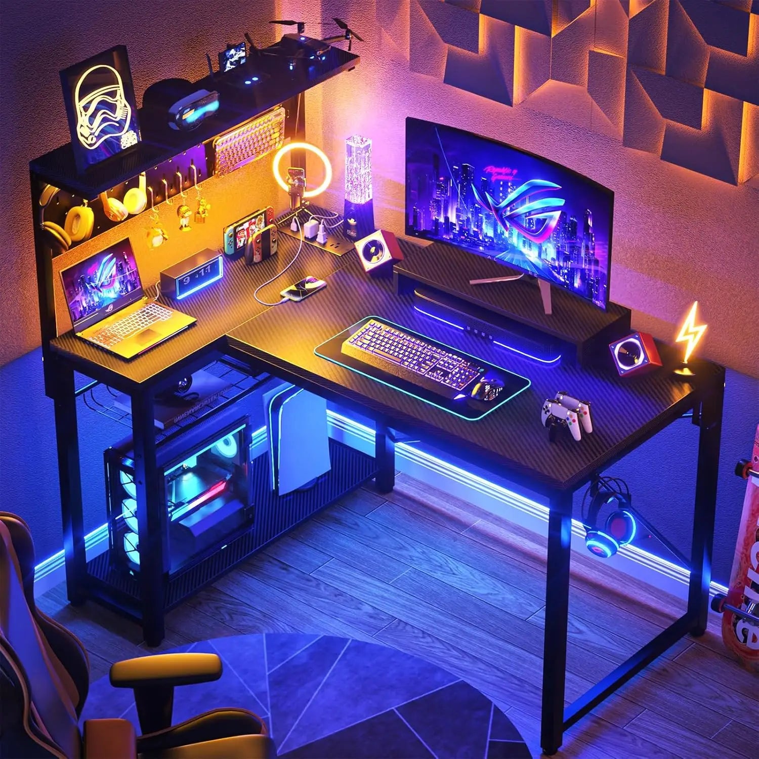 Small Gaming Desk with Power Outlets Pegboard LED Light 43 Inch L Shaped Computer Desk with Monitor Stand Storage