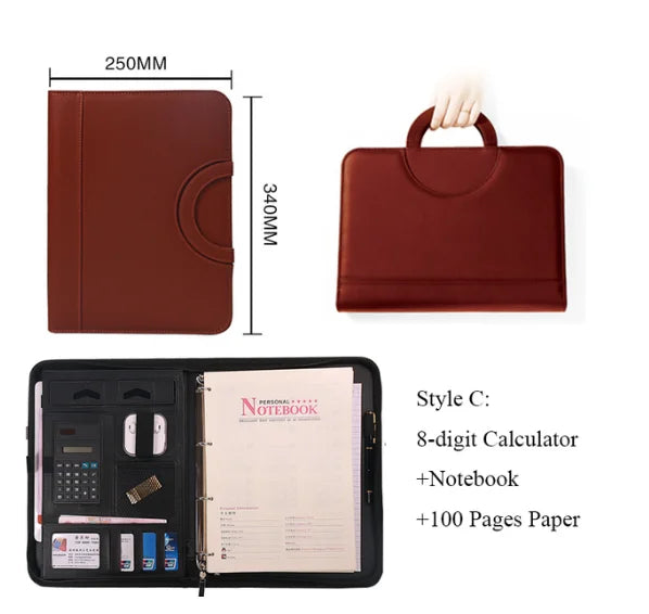 A4 Portable File Folder with Calculator Binder Organizer Manager Office Document Pad Briefcase PU Leather Padfolio Bag