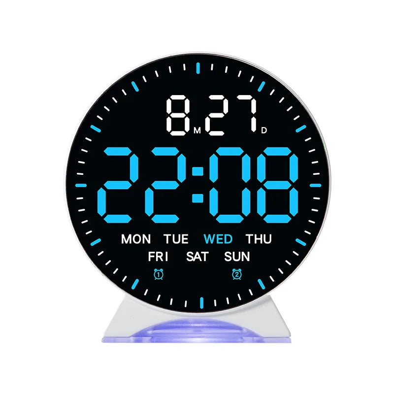 LED Digital Alarm Clock Week Date Second Hand Display Brightness Adjustable 2 Alarms Table Ambient Light 12/24H