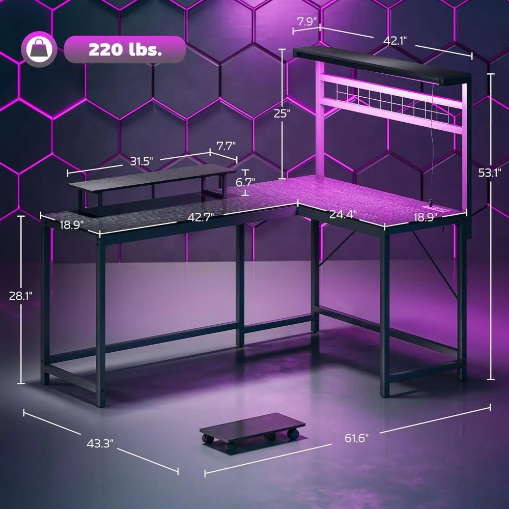 62 L-Shaped Gaming Desk with Power Outlets LED Lights and 86 2-Person Computer Table with Shelf and Rolling CPU Stand
