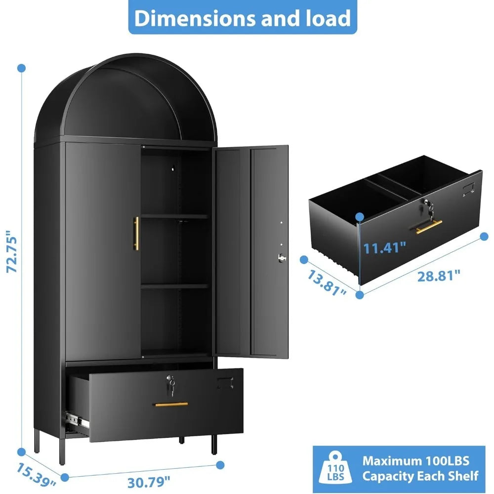 Lateral File Cabinet 73’’ Black Filing Storage Cabinet with 1 Lockable Drawer Metal Arched Cabinets with Doors Arched