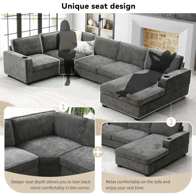 Modern U-Shaped Cloud Couch Set 6-Seat Chenille Sectional Sleeper Sofa with Cup Holders & Chaise - Gray / United States