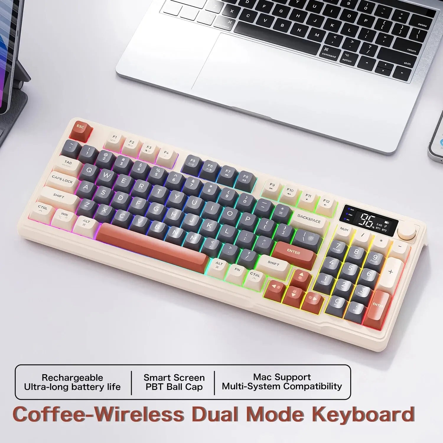 FreeWolf M96 Wireless Keyboard with Screen,Gaming Keyboard Bluetooth Dual-Mode Connection,Multi-Device