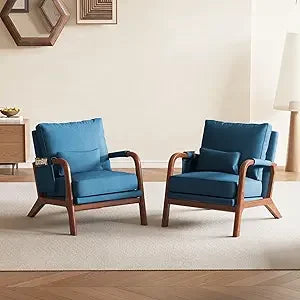 Mid Century Modern Accent Chair with Pillow & Pocket Upholstered Armchair with Solid Wood Frame & Soft Cushion
