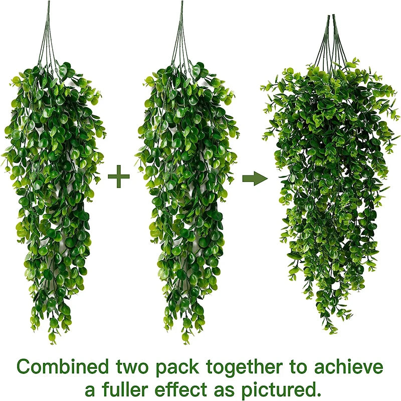 2Pcs Artificial Hanging Plants Fake Hanging Plant Faux Eucalyptus Leaf Greenery Vine Outdoor UV Resistant Plastic