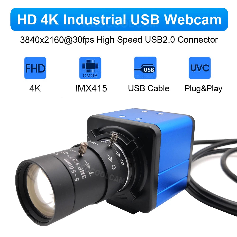 30fps Industrial 4K 8MP CCD IMX415 USB Webcam With 2.8-12mm/5-50mm Manual zoom Lens 2K 4MP UVC OTG PC Video Camera
