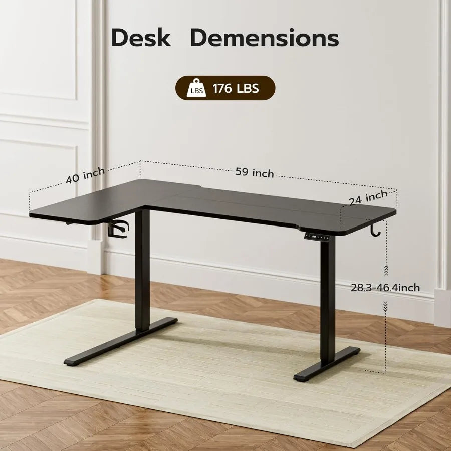 59 Inch L Shaped Adjustable Height Standing Desk for Home Office and Gaming Setup Electric Sit Stand Computer Table