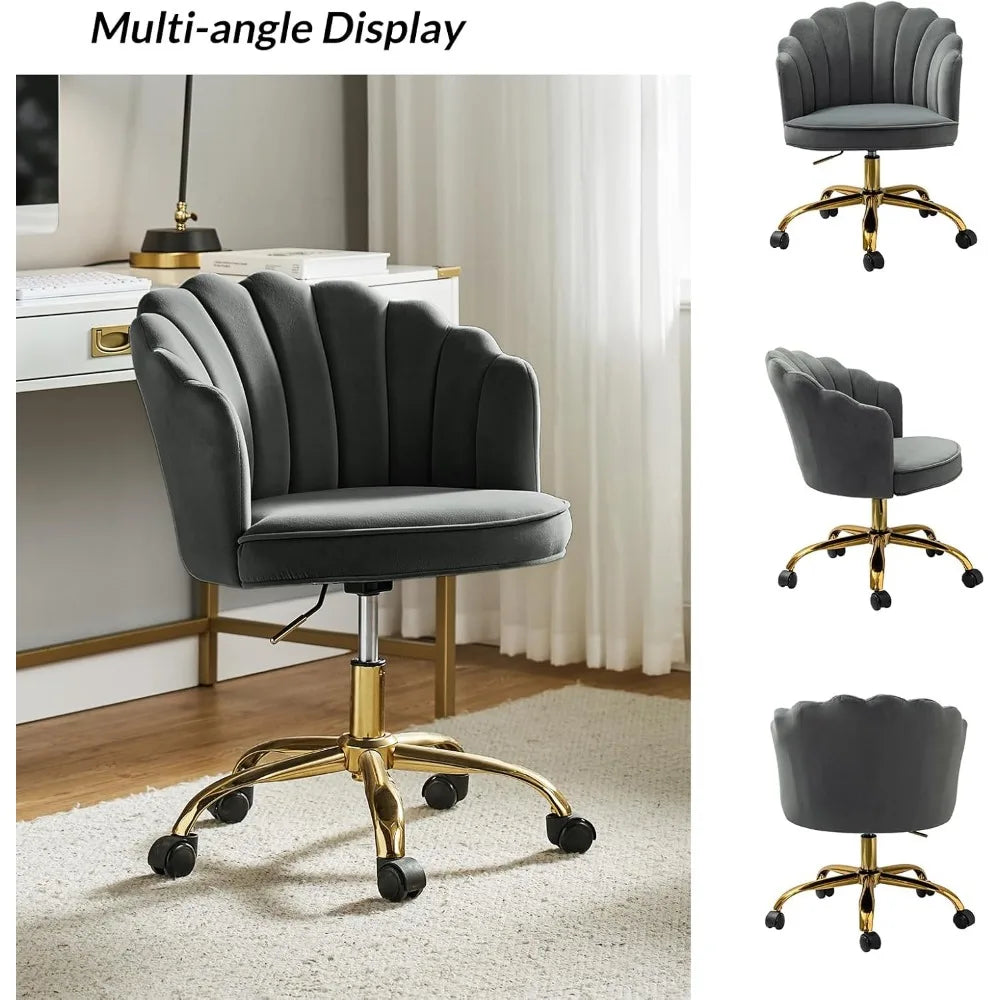 Velvet Home Office Desk Chair Modern Upholstered Swivel Computer Task Chair with Shell Back & Gold Base Height Adj