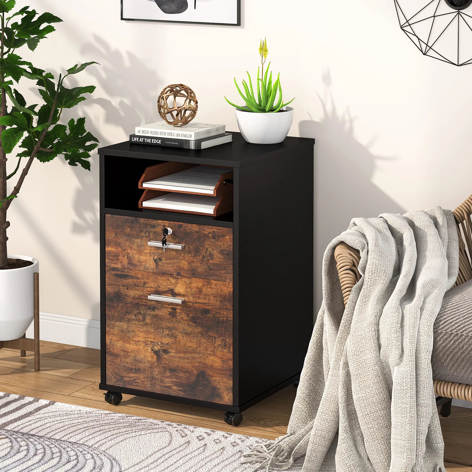Tribesigns 2 Drawer Mobile File Cabinet with Lock Wood Filing Cabinet Printer Stand with Wheels and Storage Shelf