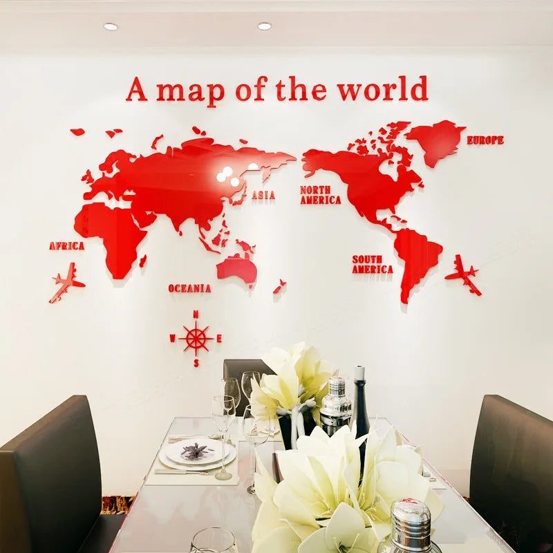 Nordic World Map Acrylic 3D Wall Decal Office Study Living Room Sofa Background Wall Decoration - red / XXL 280cmX140cm