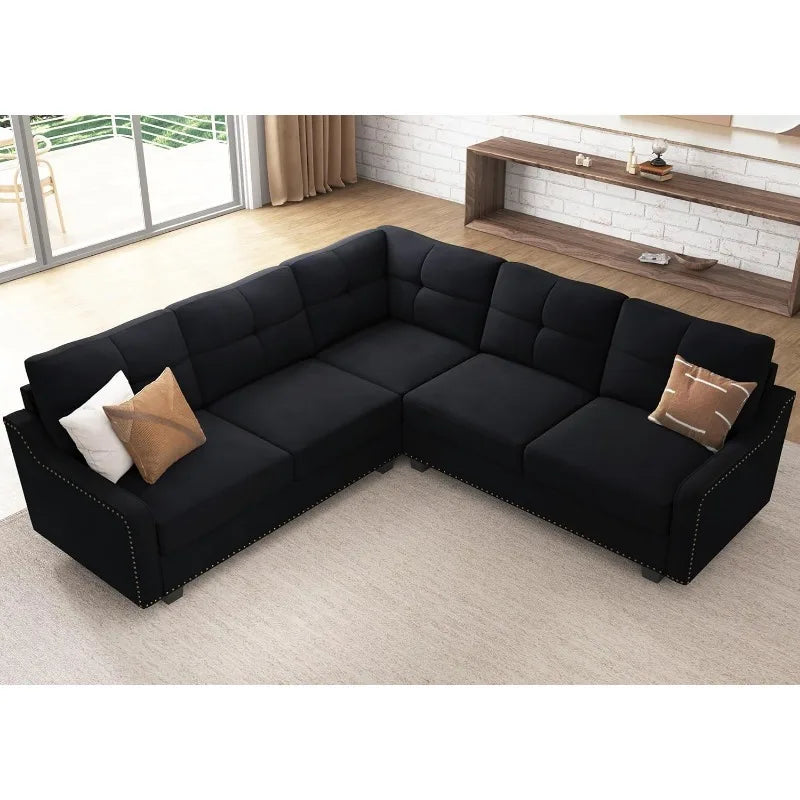 Convertible L-Shaped Sectional Sofa Reversible Velvet Couch for Small Apartment Living Room Black - Black / United
