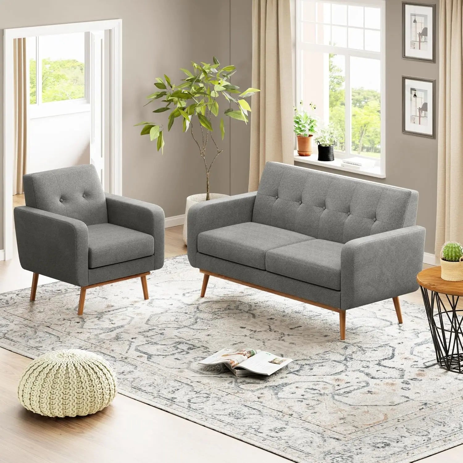 Living Room Set Button Tufted Living Room Furniture Sets Upholstered Modern Couch Set with Solid Frame Deep Seat Sofa