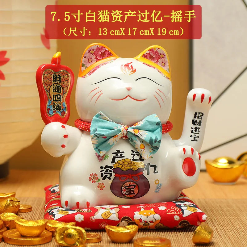 7.5inch Ceramic Beckoning Cat Maneki Neko Ornament Feng Shui Decoration Swing Lucky Cat Cashier Recruitment Cat Desk