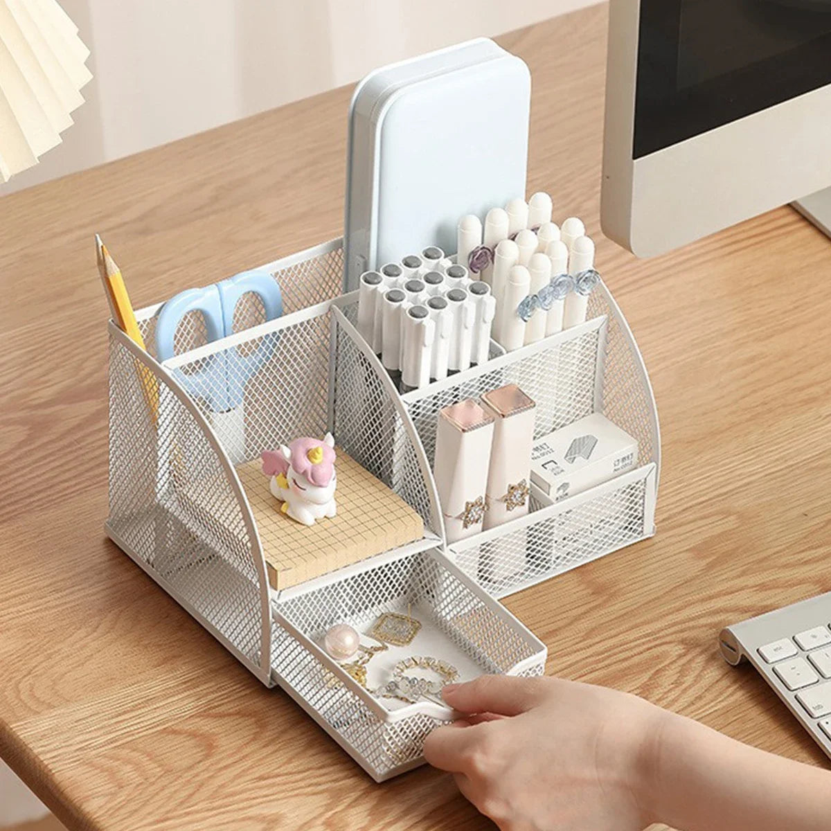 Seven-grid Multi-functional Combination Pen Holder Metal Hollowing Process Korean Stationery Desktop Storage