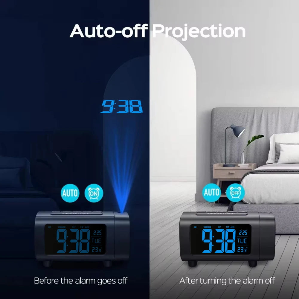 Digital Projection Alarm Clock for Bedroom Radio Alarm Clock Temperature Monitor 4-Level Dimmer 12/24H Table Mute Alarm