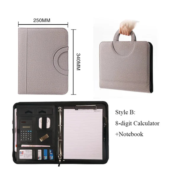 A4 Portable File Folder with Calculator Binder Organizer Manager Office Document Pad Briefcase PU Leather Padfolio Bag