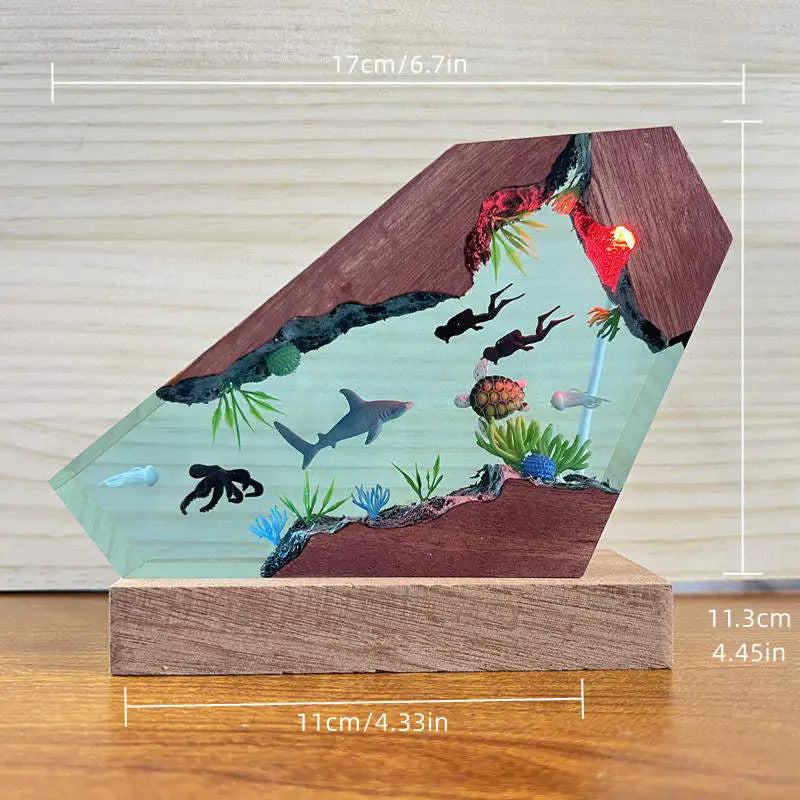 Simulated Shark Epoxy Resin Seabed Organism Diver Figure Miniature Figurines Night Glow Tabletop Home Desk Light