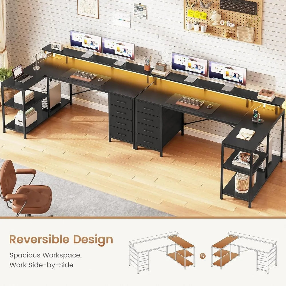 SEDETA L Shaped Desk with 4 Drawers and Storage Shelves L Shaped Gaming Desk with LED Lights & Power Outlets Computer