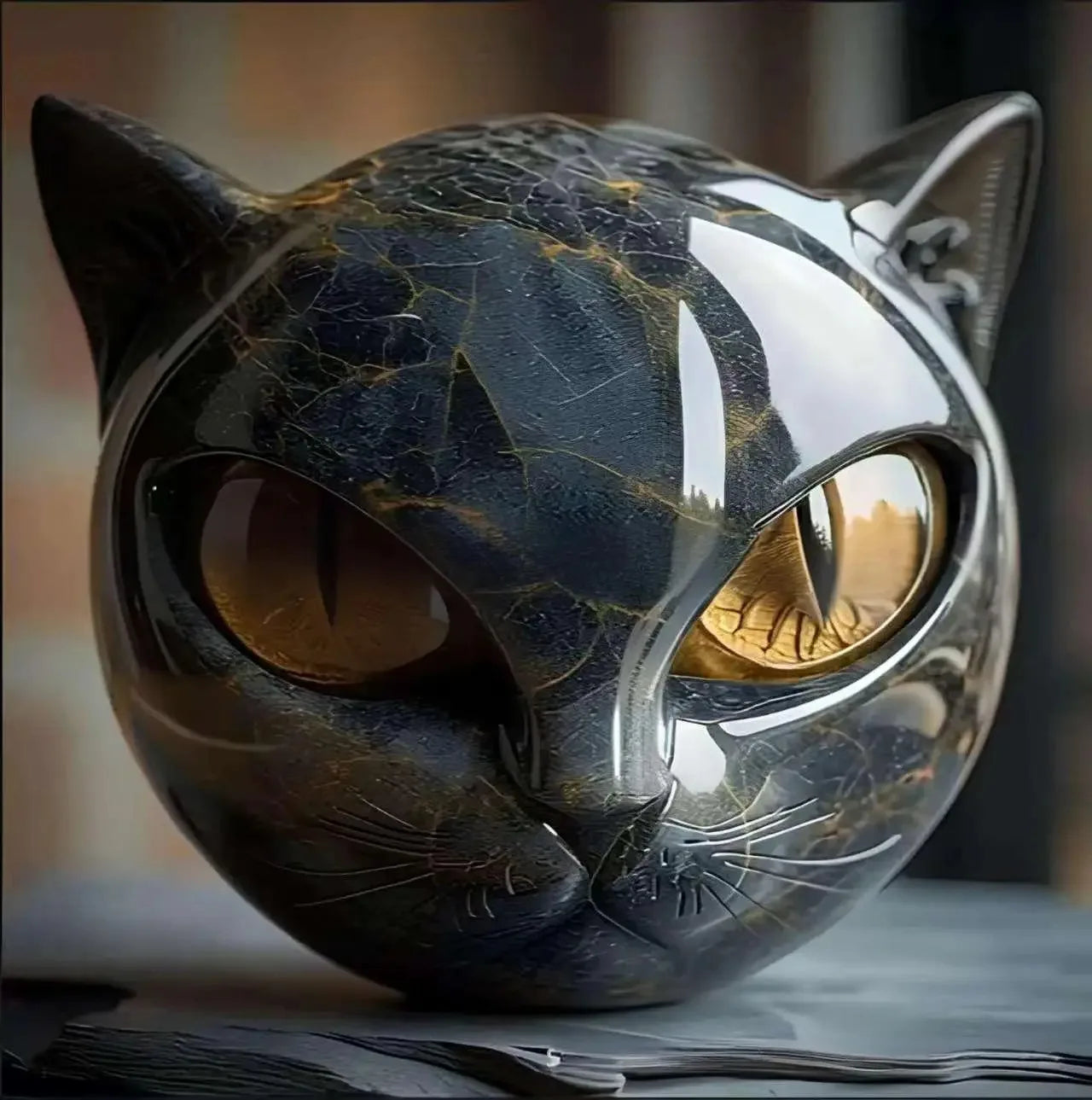 Resin Cat Head Sculpture Black Cat Stone Figurine Healing Marble Texture Memorial Gift Home Office Desk Decor Festival
