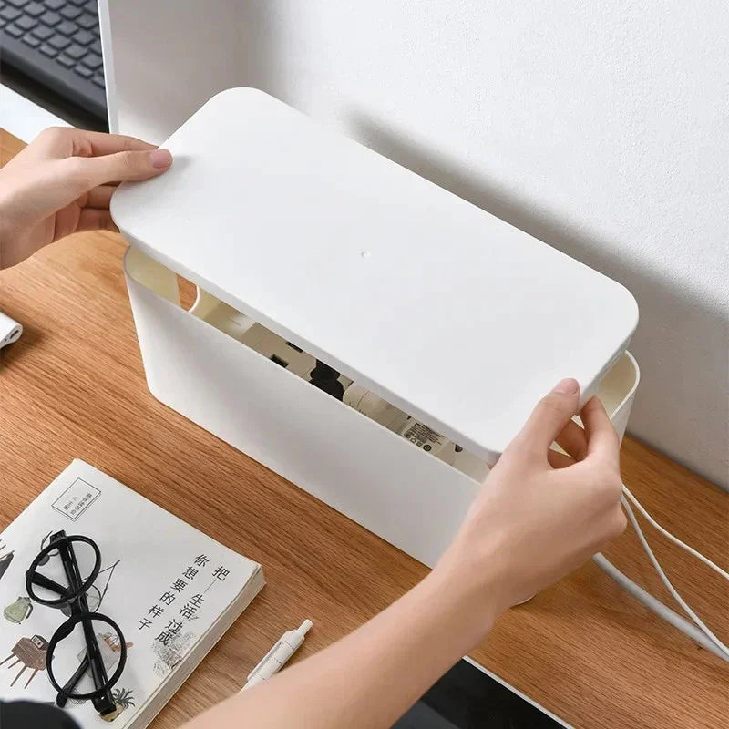 Cable Management Box Cable Storage Box Dustproof Wire Storage Box Plastic Storage Box with Bamboo for TV Wires USB Hub