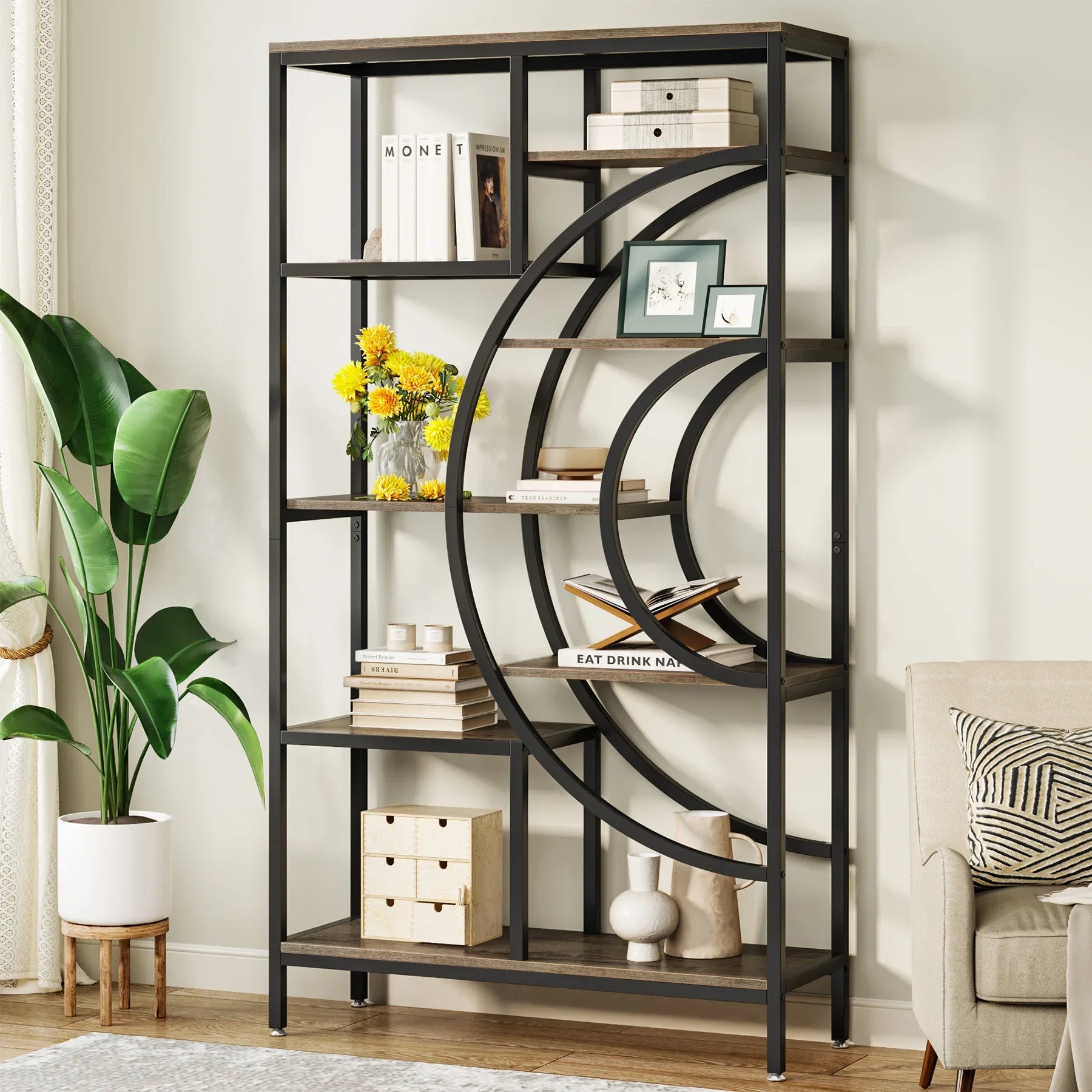 Tribesigns 71 inches Geometric Bookcase 8-Tiers Bookshelves Rustic Bookcase with Metal Frame Freestanding Open Shelving