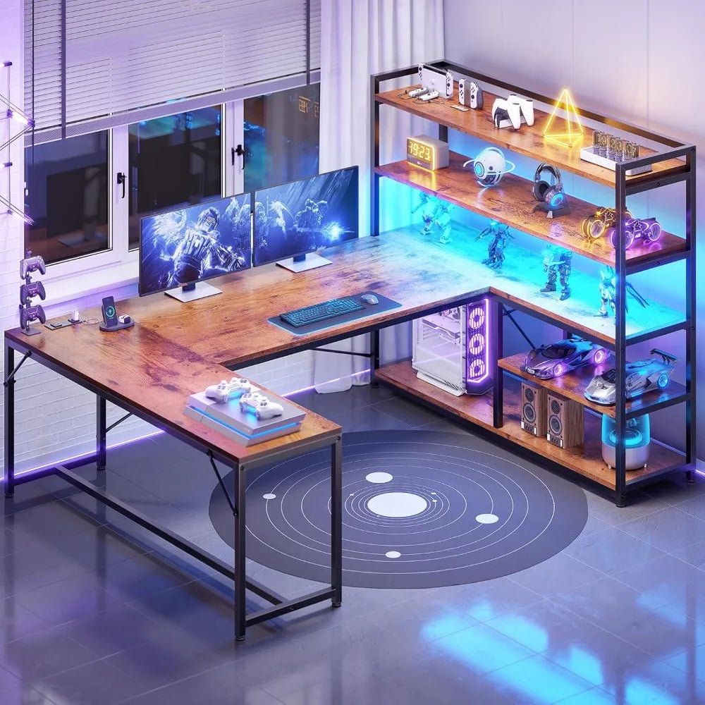L Shaped Desk with Storage Shelves 63” Reversible U Shaped Office Desk Gaming Desk with Power Outlet and LED Lights