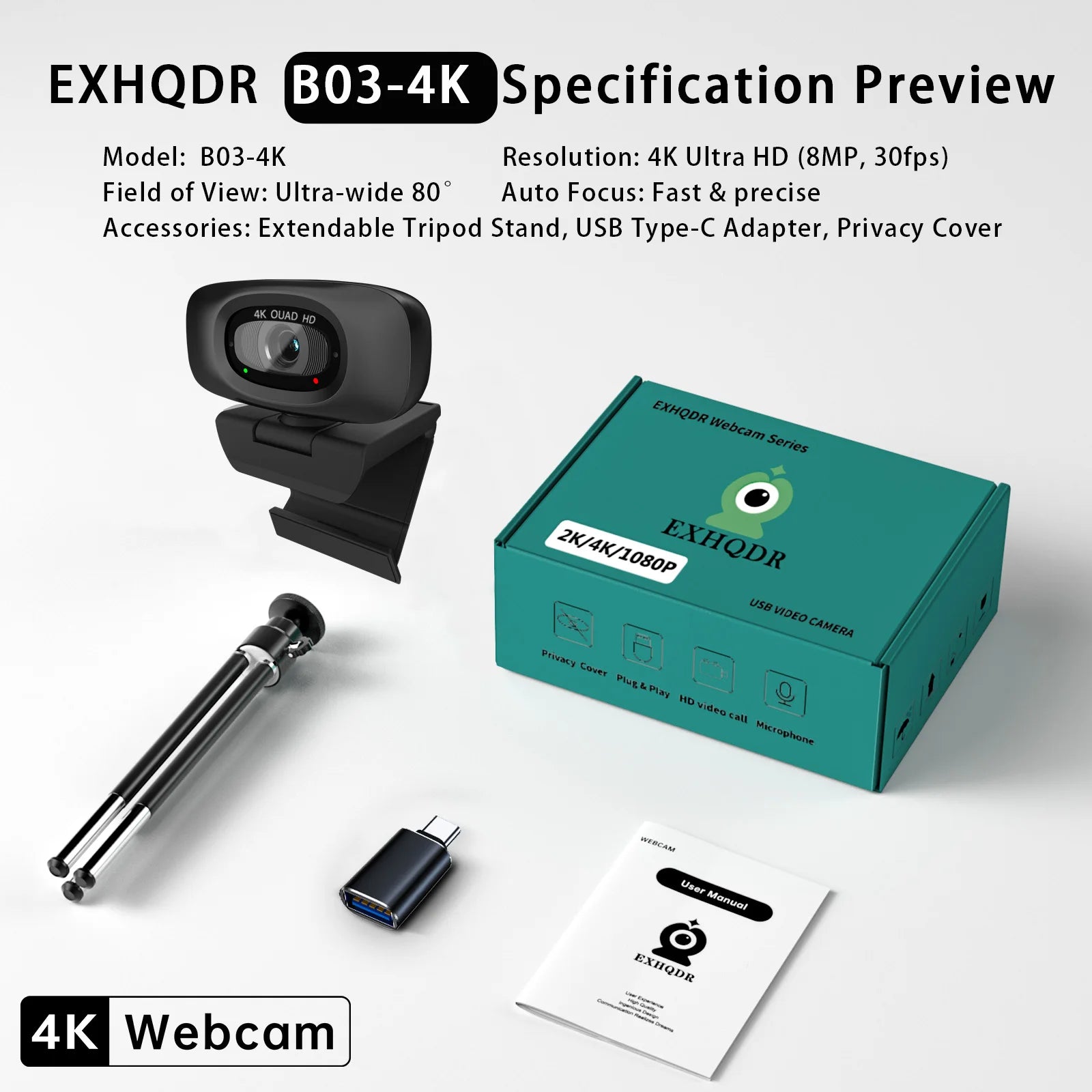EXHQDR 4K USB Webcam with Autofocus 8MP30fps Slide Privacy Cover Mic Tripod Type-C for Zoom Streaming Video Call PC/Mac