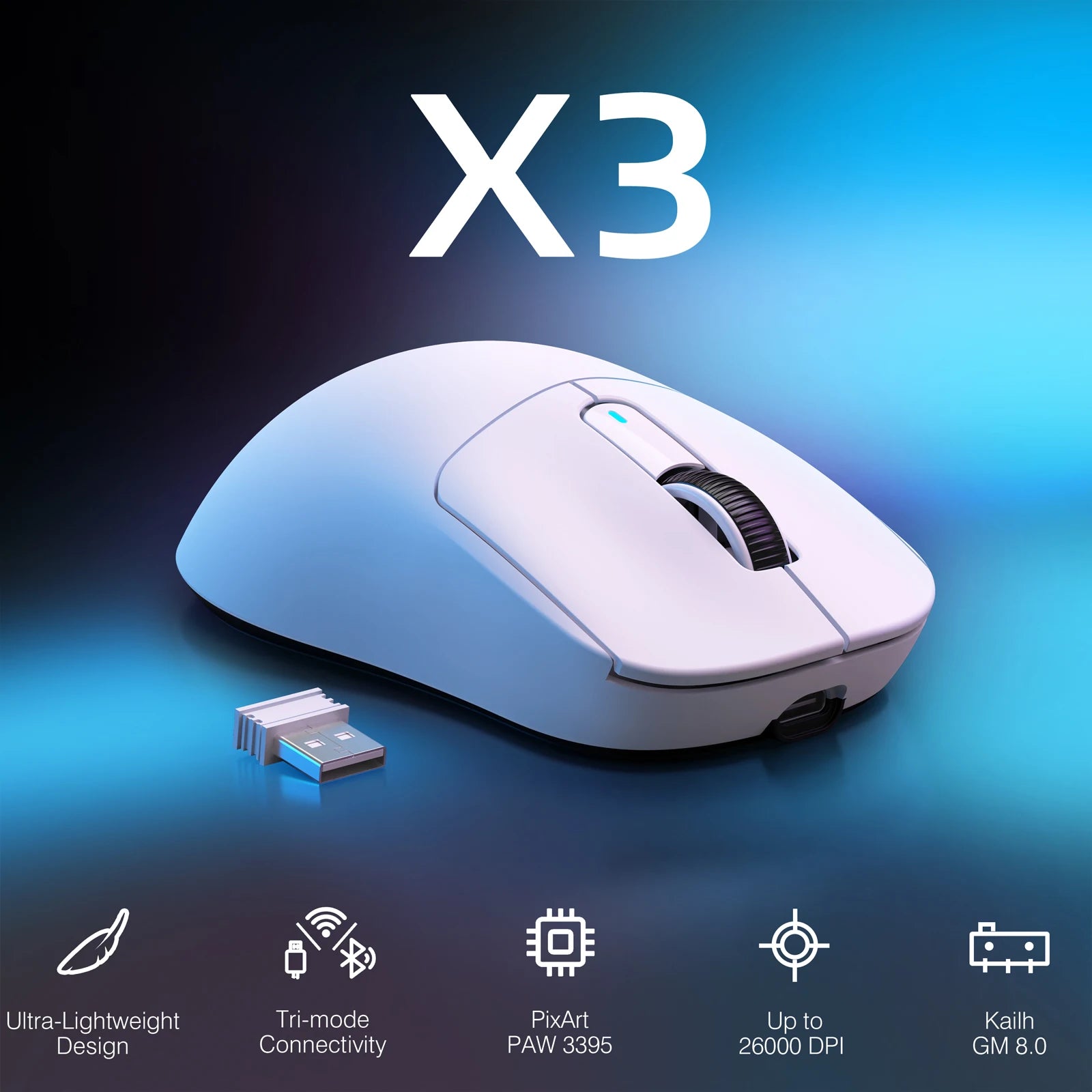 ATTACK SHARK X3 Wireless Gaming Mouse,49g Ergonomic PC Mouse,Triple Modes PAW3395 26K DPI Optical Sensor,Programmable