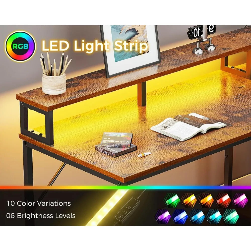 94’’ Computer Desk with Fabric Drawer & File Cabinet- 2 Person Home Office Desk with Power Outlet & LED Light