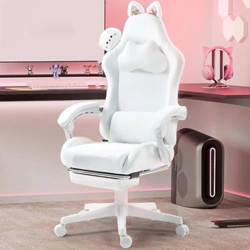 Gaming Chair Cute w/Cat Ears and Massage Lumbar Support 290lbs Ergonomic Computer Chair for Girl with Footrest
