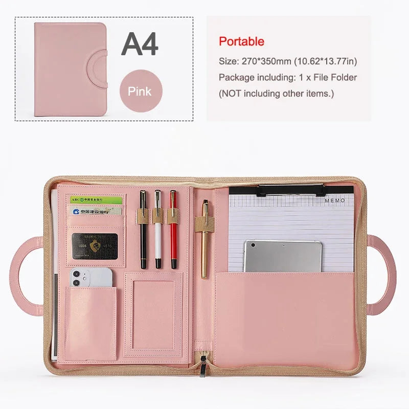 Portable Business Trip A4 Folder Organizer Leather Portfolio for Document File Tablet Holder Briefcase for Man Office