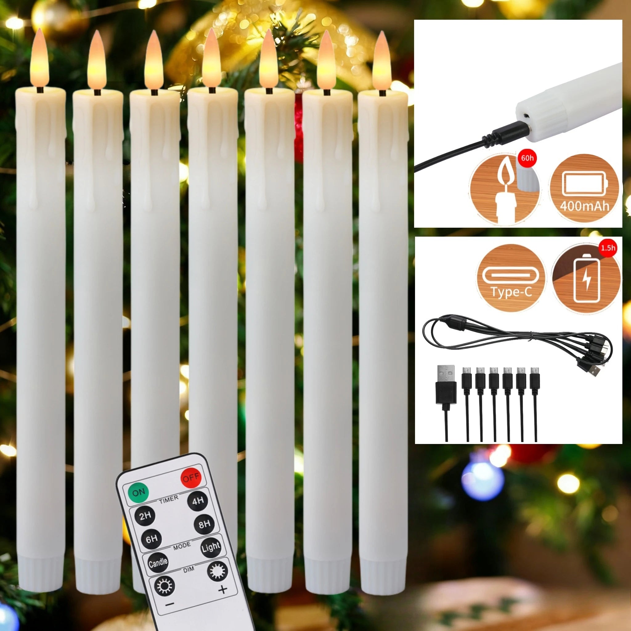 Rechargeable Flameless LED Taper Candles with Timer Remote & USB Charging Cable Flickering Dripping Wax Window Tall