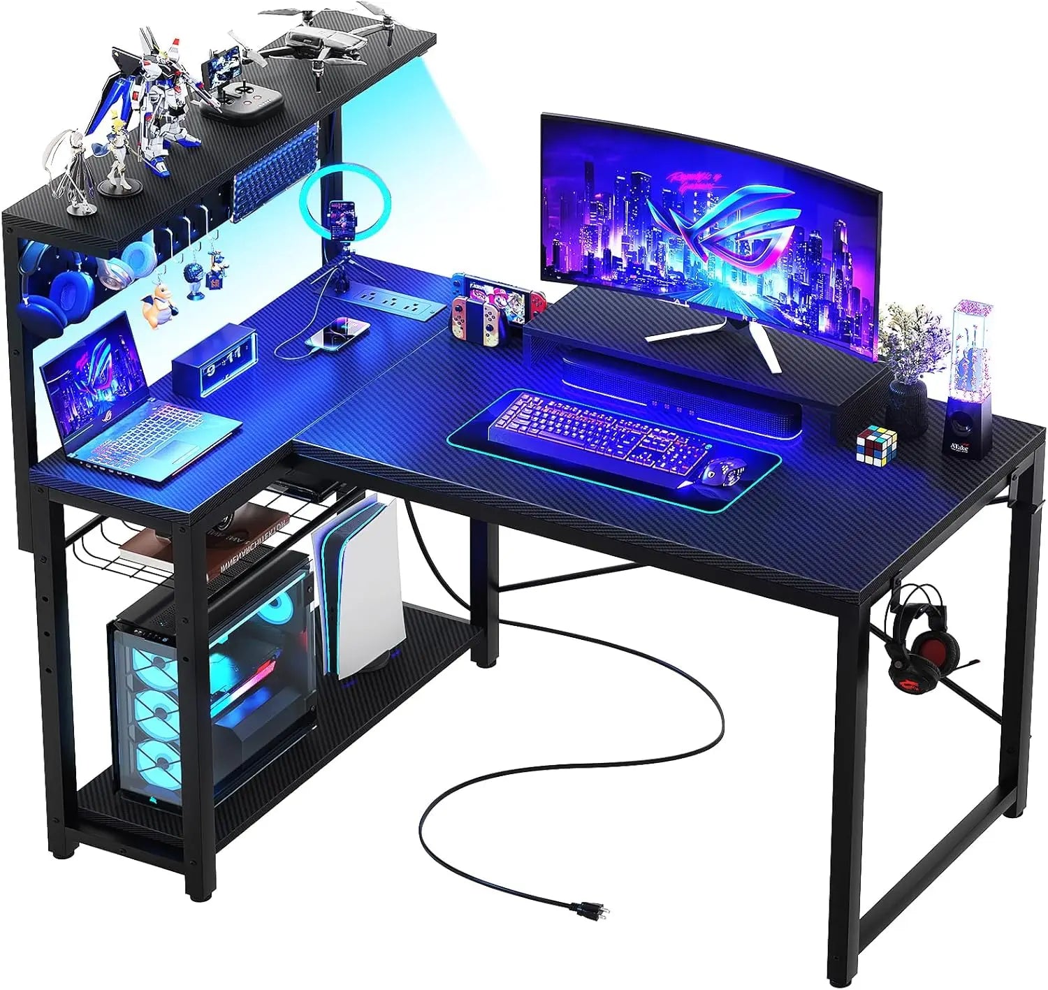 Small Gaming Desk with Power Outlets Pegboard LED Light 43 Inch L Shaped Computer Desk with Monitor Stand Storage