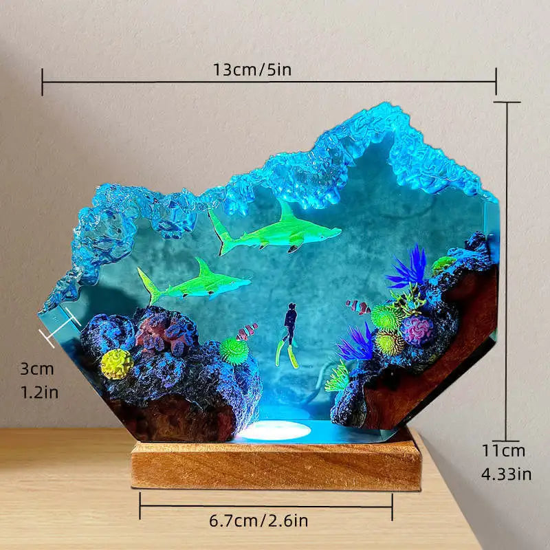 Simulated Shark Epoxy Resin Seabed Organism Diver Figure Miniature Figurines Night Glow Tabletop Home Desk Light