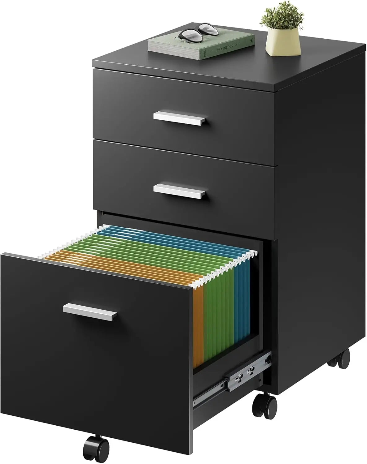 3 Drawer Wood Mobile File Cabinet Rolling Filing Cabinet for Letter/A4 Size - Black-16.2W25.7H / United States
