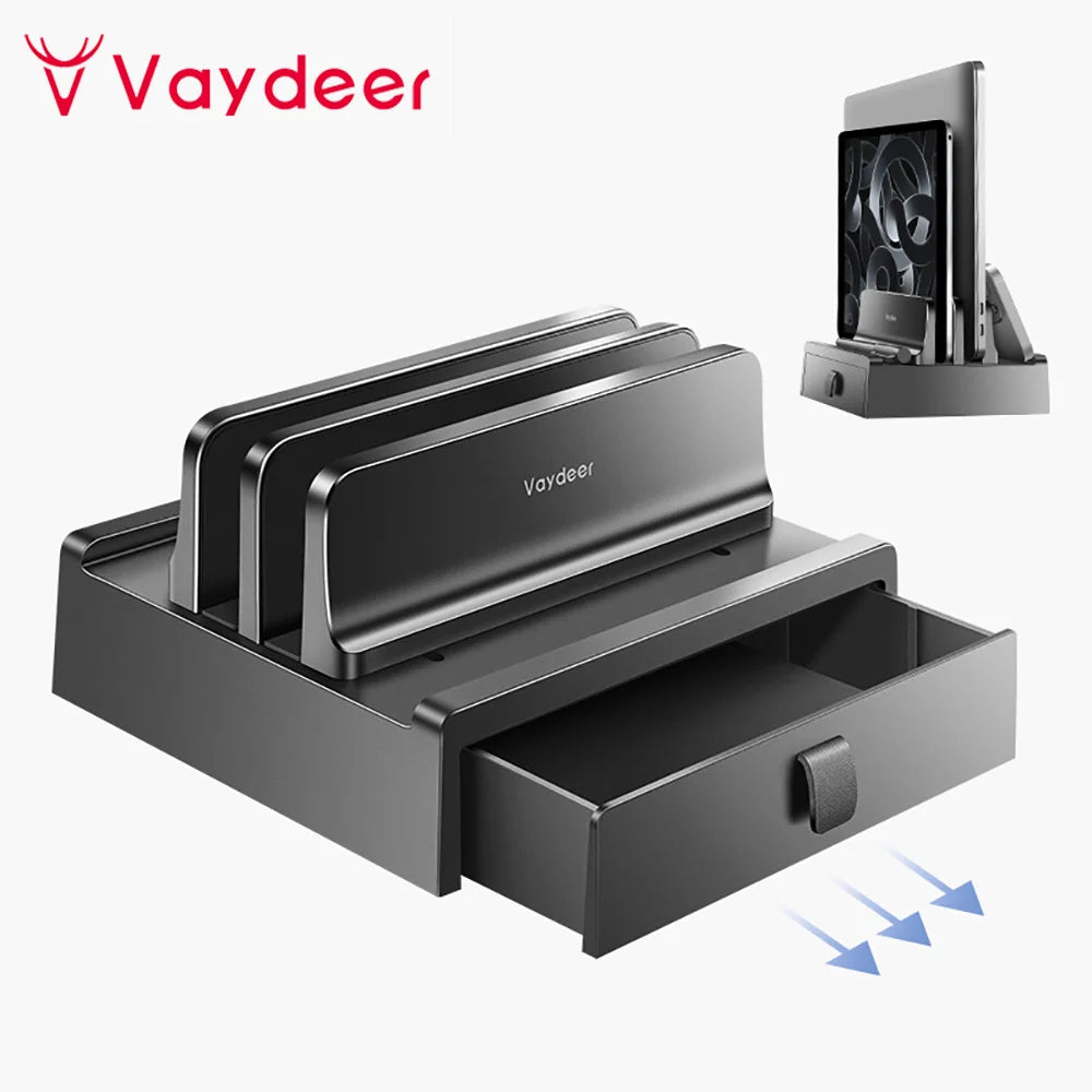Vaydeer Vertical Laptop Stand with Drawer Dual Slots Plastic Laptop Holder with Space Saving 4-in-1 Design Adjustable