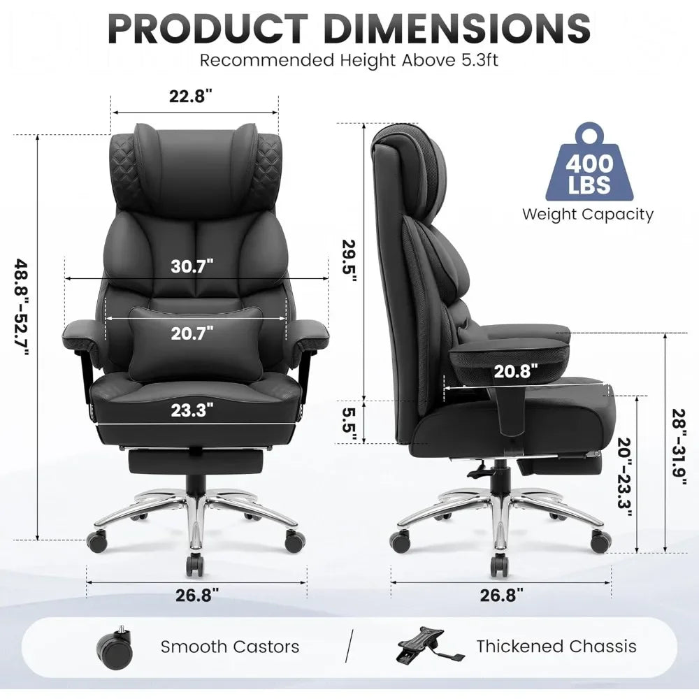 Office Desk Chair Big and Tall Leather Gaming Chair with Footrest Wide Ergonomic Comfy Executive High-Back Reclining
