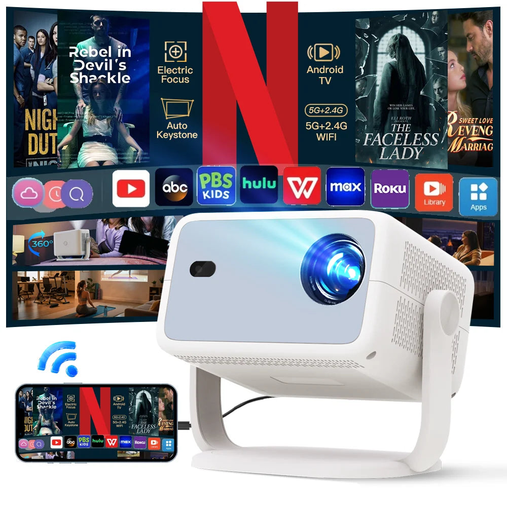 Smart Projector Native 1080P Support 4K 800 ANSI HD Brightness Android 11.0 WiFi 6 Auto Focus & Keystone Correction