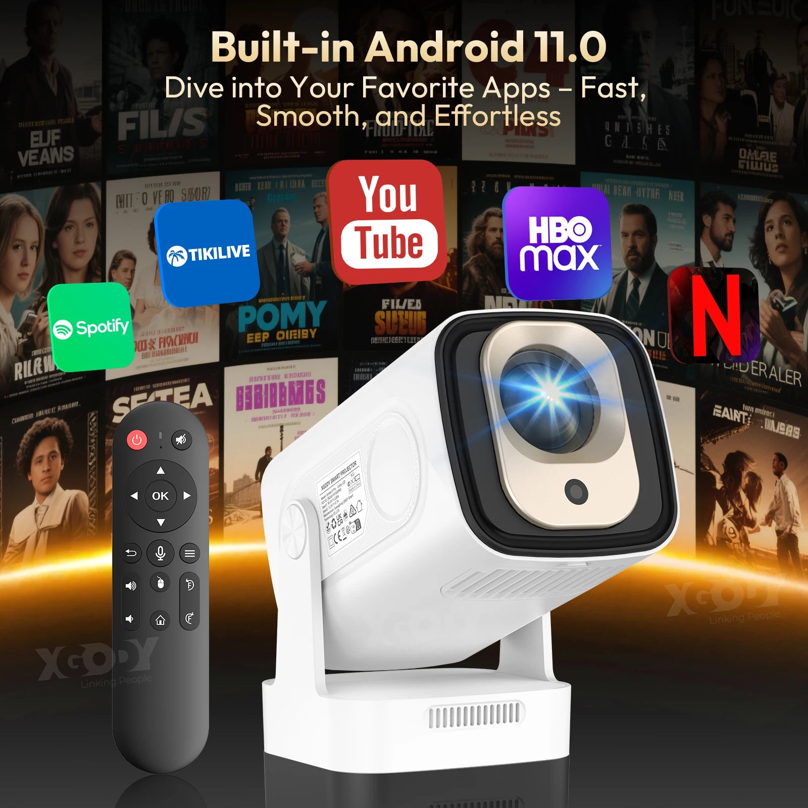 XGODY Gimbal5 PRO 4K HD 12000LMS Smart Projector Keystone Correction Native 1080p Dual WiFi Bluetooth Android Game Home