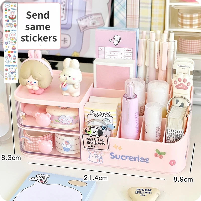 2024 New Desktop Storage Box Organizer Cute Bear Handle Drawer Type Desk Organizer Multi-grid Pen Holder with Kawaii