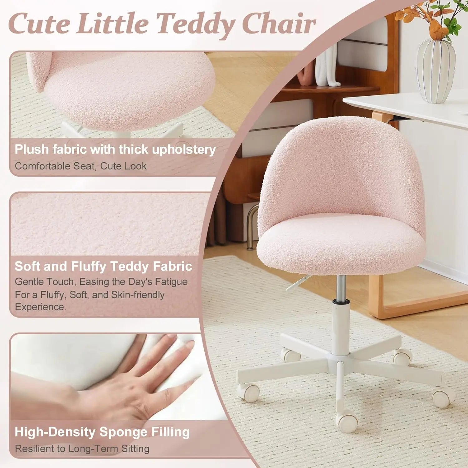 Cute Armless Desk Chair Comfortable Rolling Task Chair with Lumbar Support & Wheels - Adjustable Swivel in Gentle Pink
