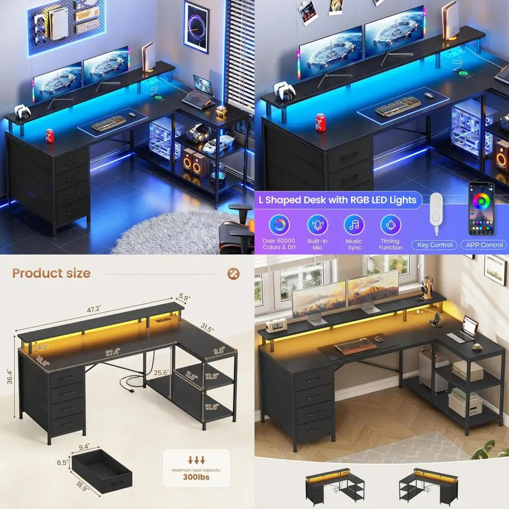 SEDETA L Shaped Desk with 4 Drawers and Storage Shelves L Shaped Gaming Desk with LED Lights & Power Outlets Computer