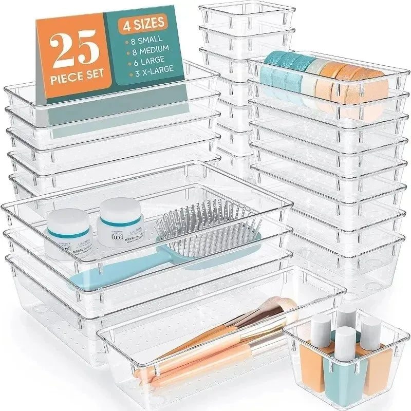 25/16/8/4pcs Drawer Organizers Set Clear Plastic Desk Dividers Bins Bedroom Dresser Office Storage Box for Makeup