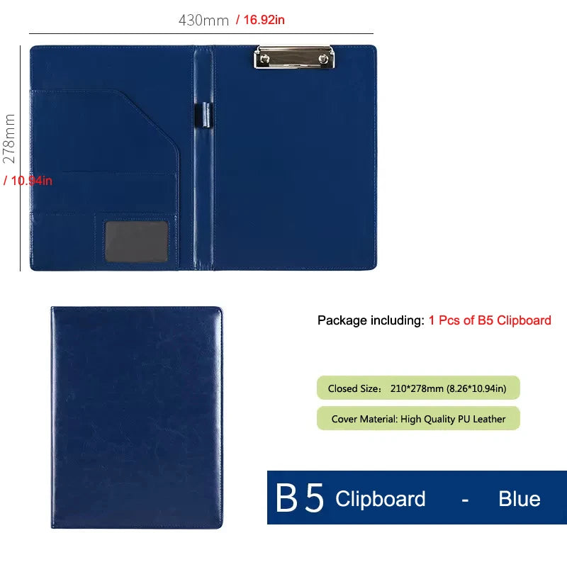 A5 / B5 Leather Padfolio Portfolio File Folder Clipboard Document Holder Business Contract Paper Clamp Writing Pad