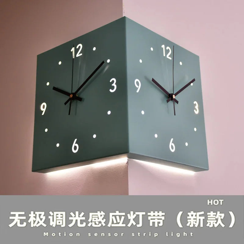 Creative Light Sensor Corner Wall Clock Square Simple Double Sided Wall Clock with Arabic Numeral Scale Analog Silent