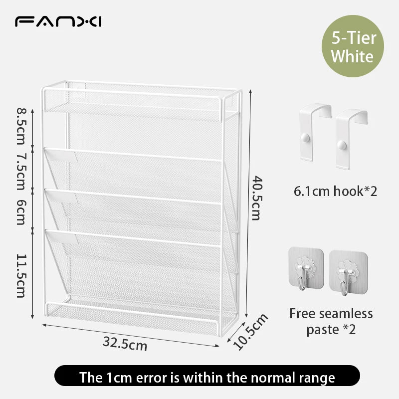 Mesh wall file storage rack 5-layer vertical mounting rack Magazine rack with bottom flat tray side closed black
