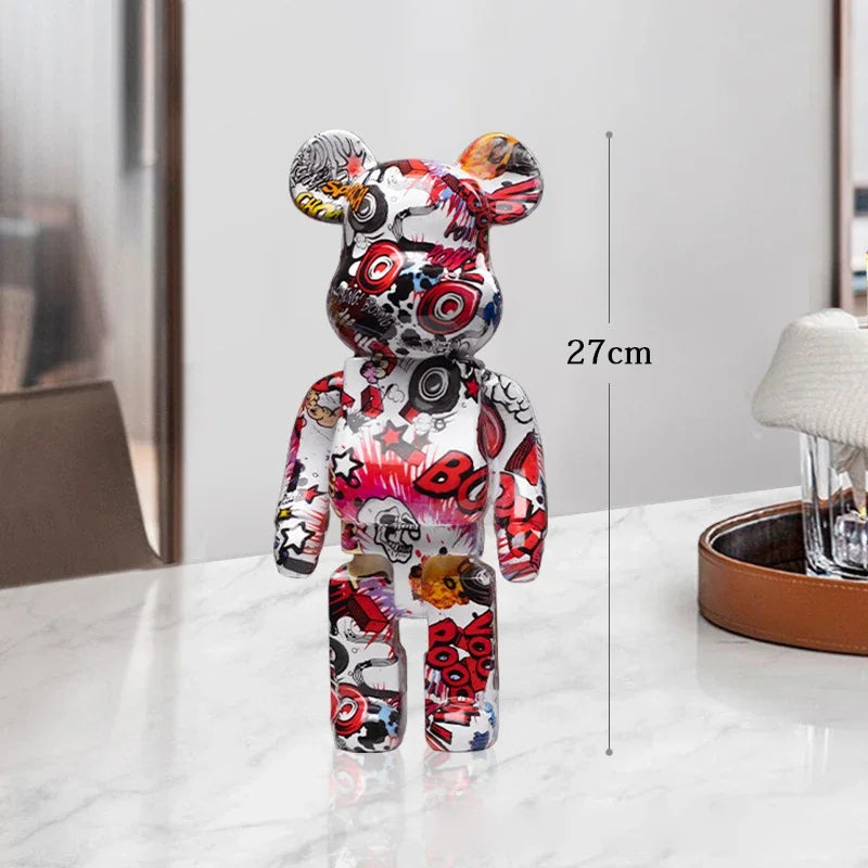 27cm Graffiti Bear Statue Paint Block Bear Decor Resin Desktop Ornaments Home Decoration Living Room Bear Floor