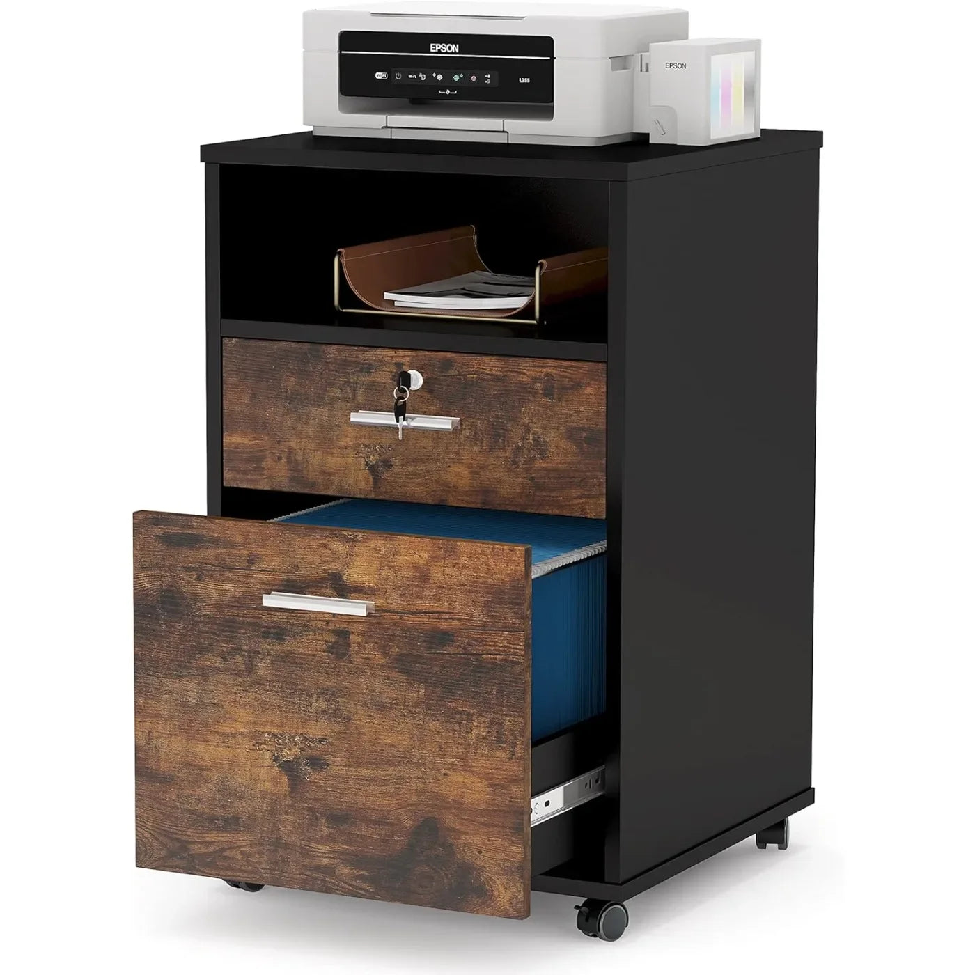 Mobile File Cabinet with Lock Modern Printer Stand with Rolling Wheels Open Storage Shelf for Home Office (Brown)